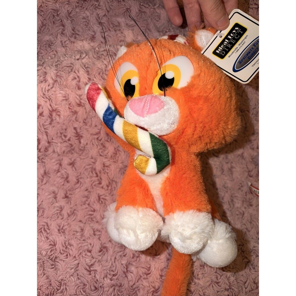 Ideal Toys Holiday Plush Cat Holding Candy Cane Stuffed Animal 8" Orange